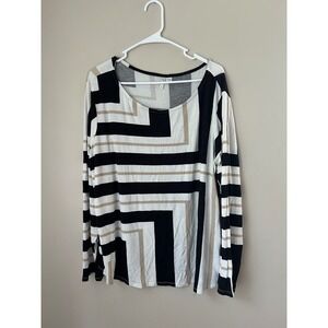 Cato Geometric‎ Striped Long Sleeve Tunic Top Plus Size Black White Tan
